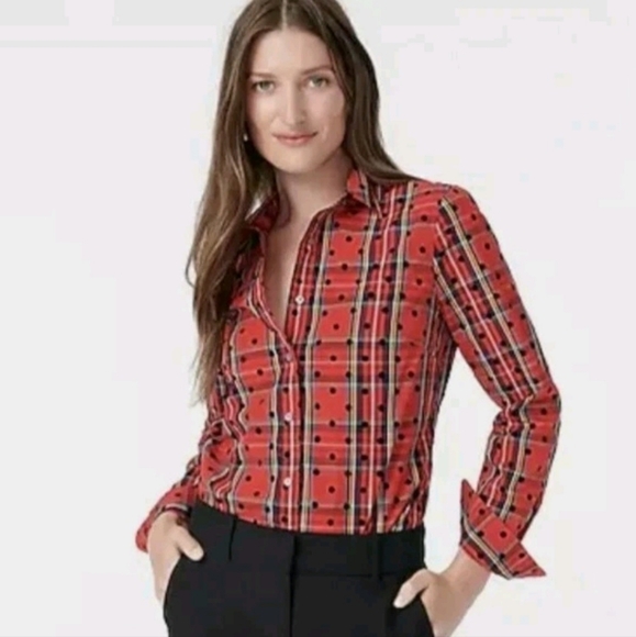 J.Crew Slim Perfect Shirt in Red Stewart Tartan Plaid with Velvet Dots Sz 00 - Picture 3 of 8